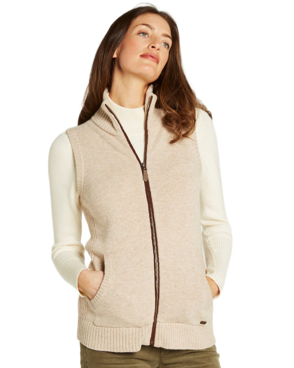 Oat Coloured Dubarry Sheedy Knit Bodywarmer on white background 