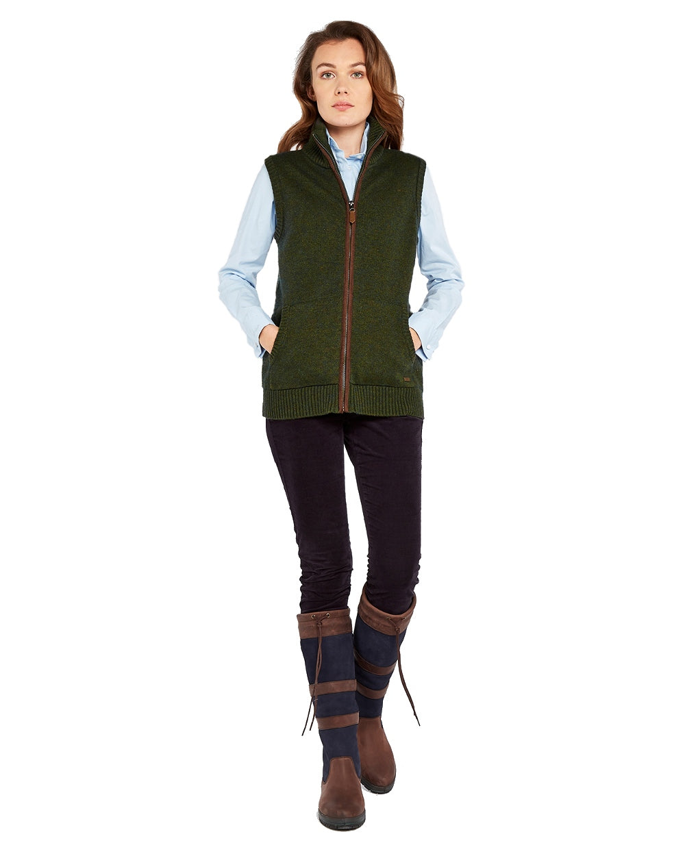 Olive Coloured Dubarry Sheedy Knit Bodywarmer on white background 