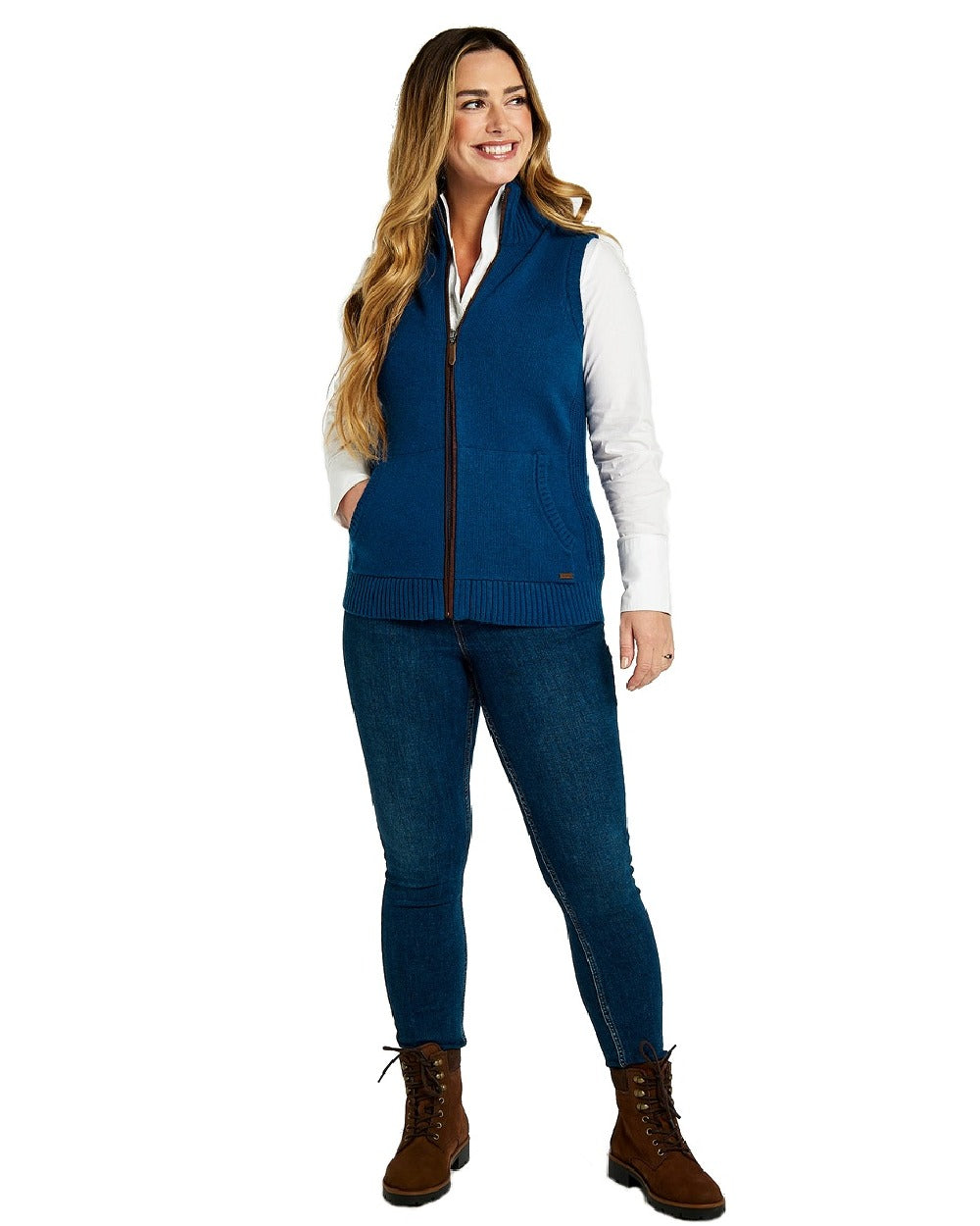 Peacock Blue Coloured Dubarry Sheedy Knit Bodywarmer on white background 