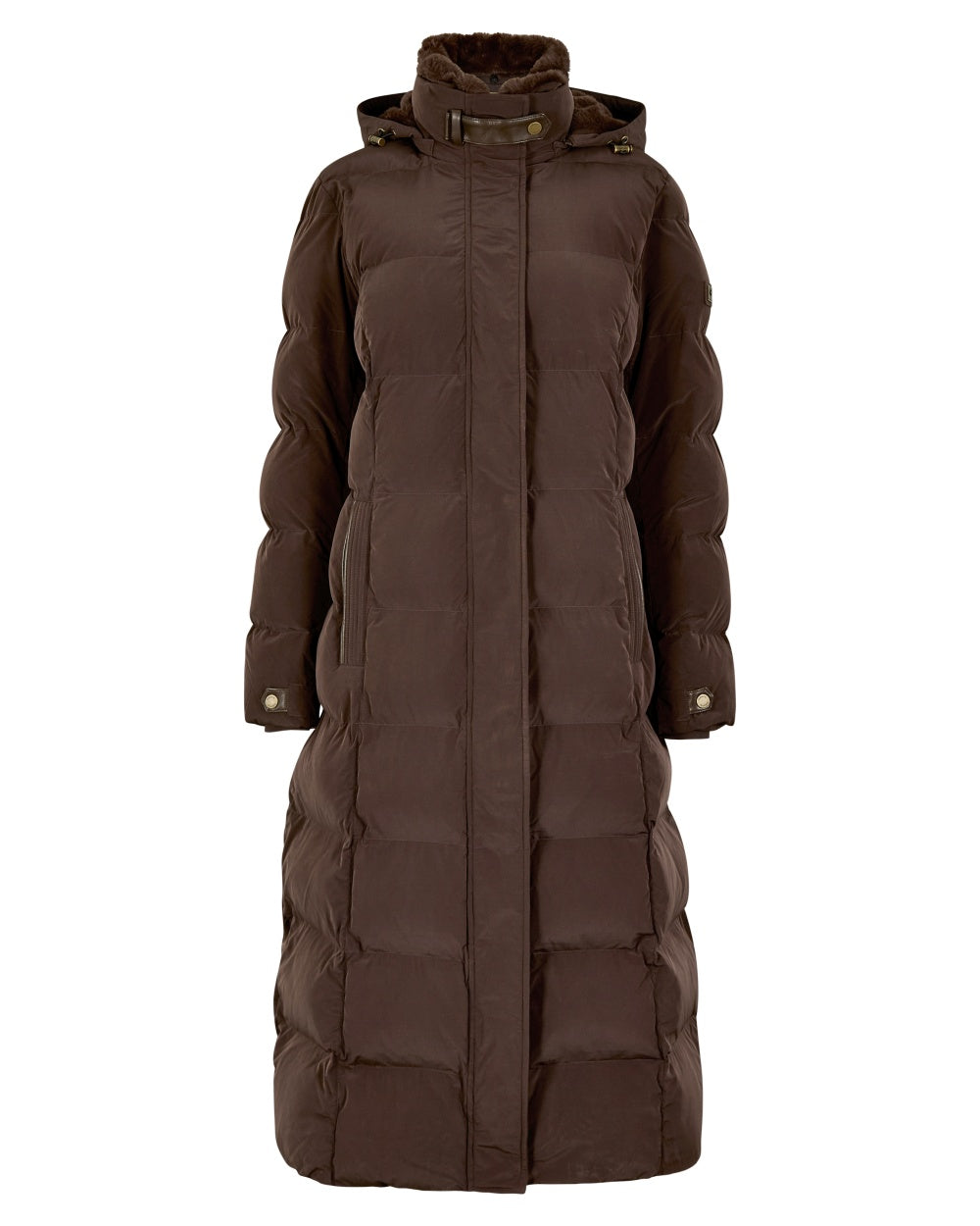 Mahogany Coloured Dubarry Womens Aldborough Full Length Down Jacket on white background 