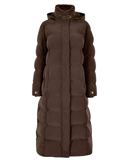 Mahogany Coloured Dubarry Womens Aldborough Full Length Down Jacket on white background 