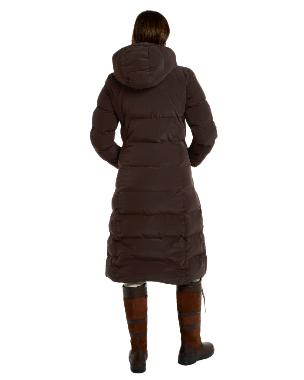 Mahogany Coloured Dubarry Womens Aldborough Full Length Down Jacket on white background 