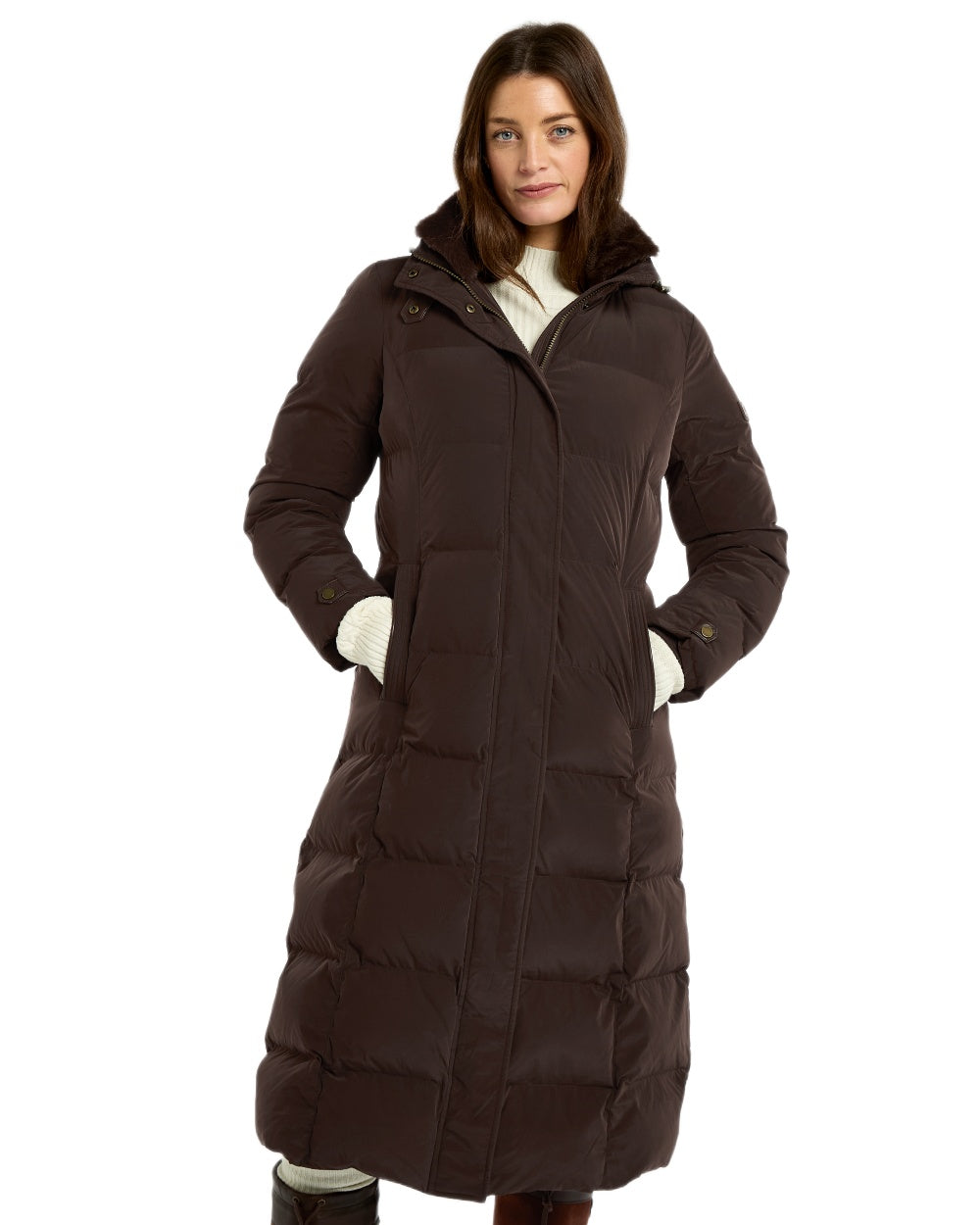 Mahogany Coloured Dubarry Womens Aldborough Full Length Down Jacket on white background 