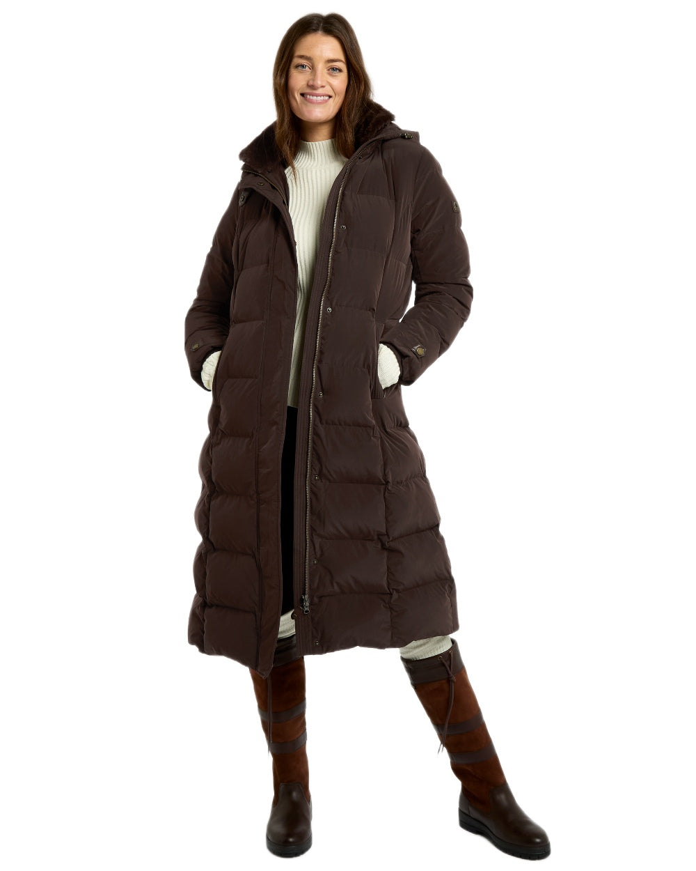 Mahogany Coloured Dubarry Womens Aldborough Full Length Down Jacket on white background 