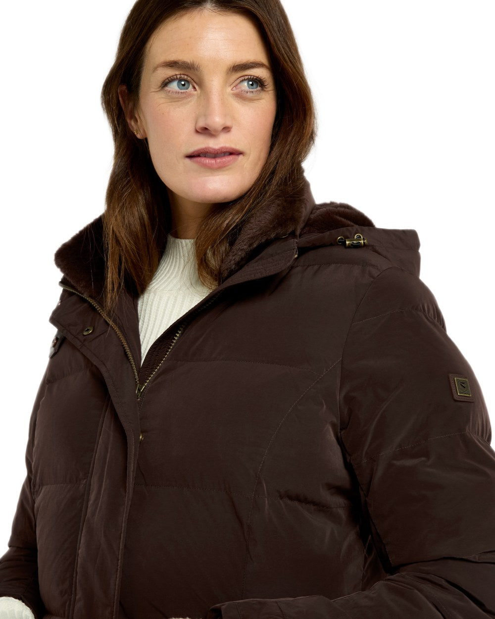 Mahogany Coloured Dubarry Womens Aldborough Full Length Down Jacket on white background 