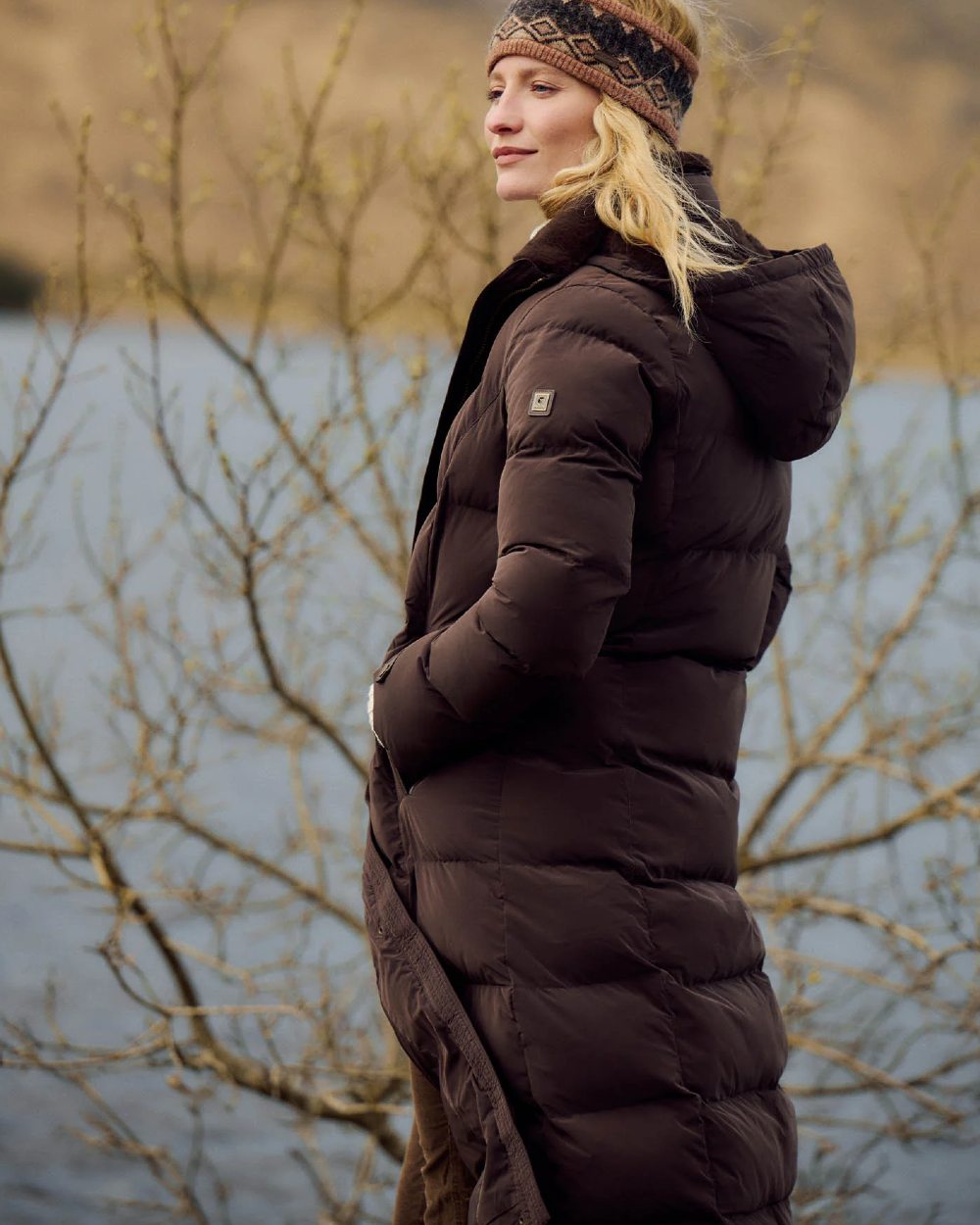 Mahogany Coloured Dubarry Womens Aldborough Full Length Down Jacket on outdoor background 