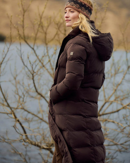 Mahogany Coloured Dubarry Womens Aldborough Full Length Down Jacket on outdoor background 