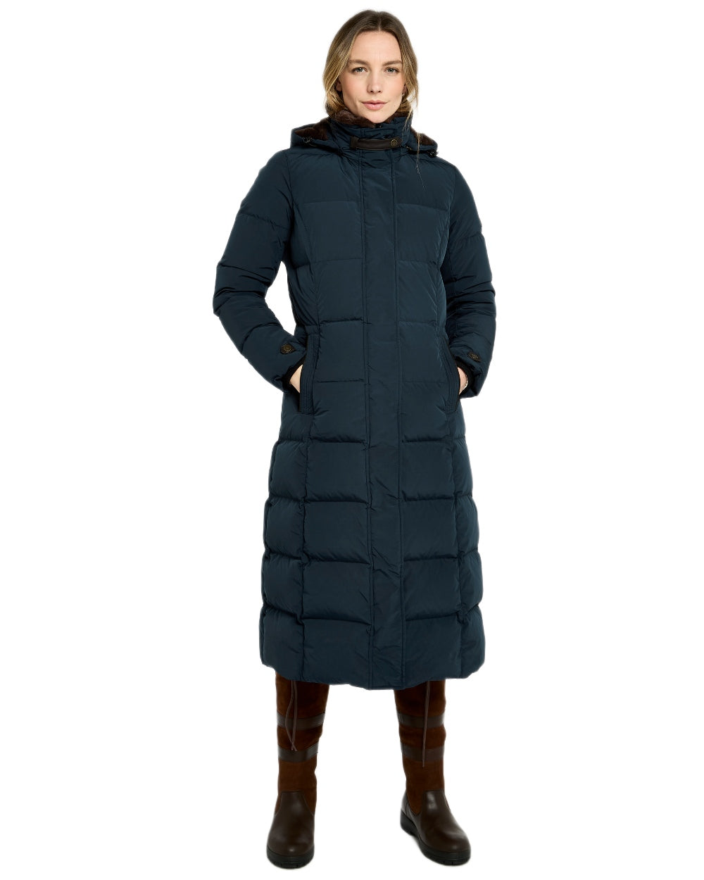 Navy Coloured Dubarry Womens Aldborough Full Length Down Jacket on white background 