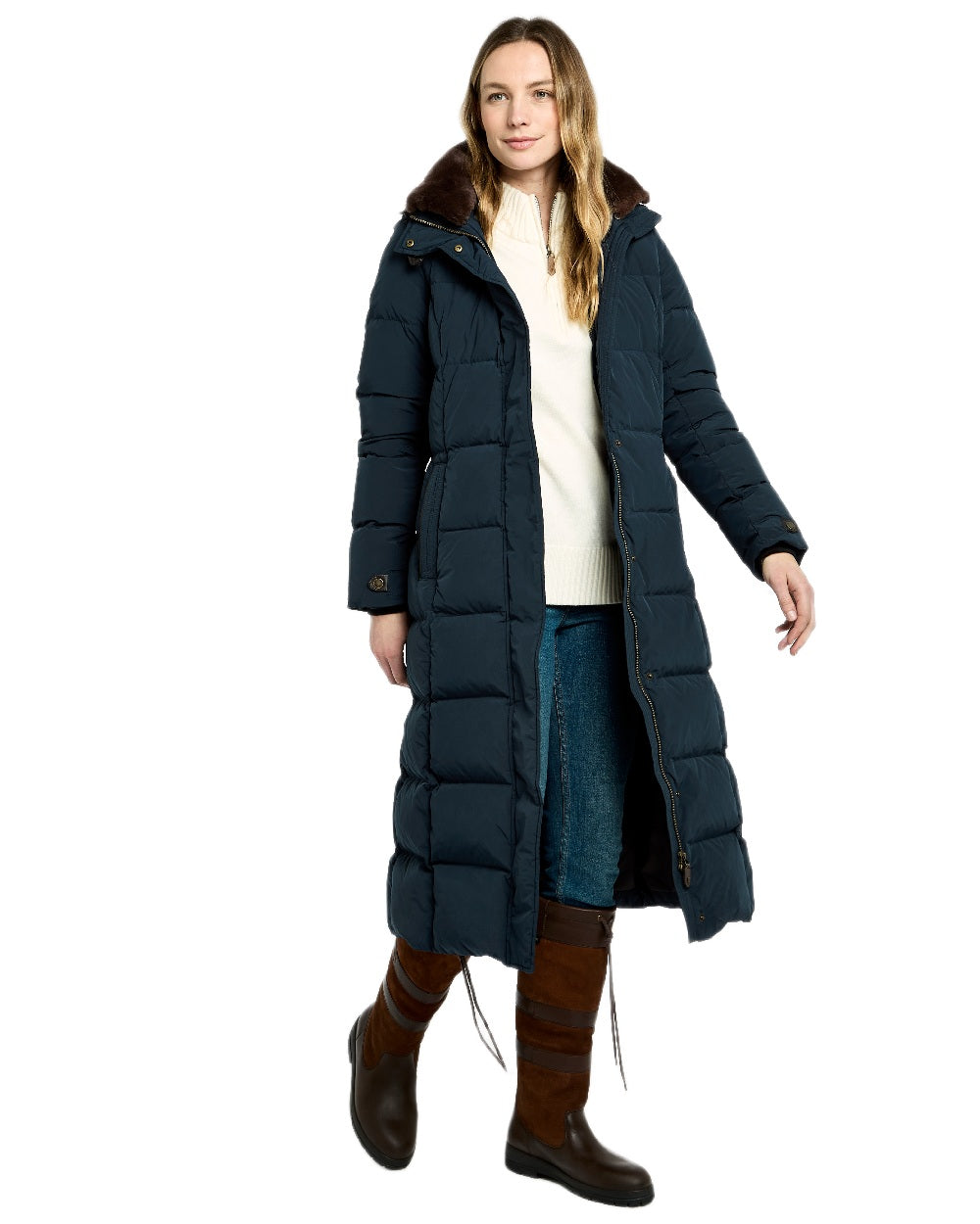 Navy Coloured Dubarry Womens Aldborough Full Length Down Jacket on white background 