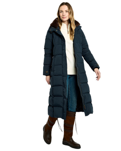 Navy Coloured Dubarry Womens Aldborough Full Length Down Jacket on white background 