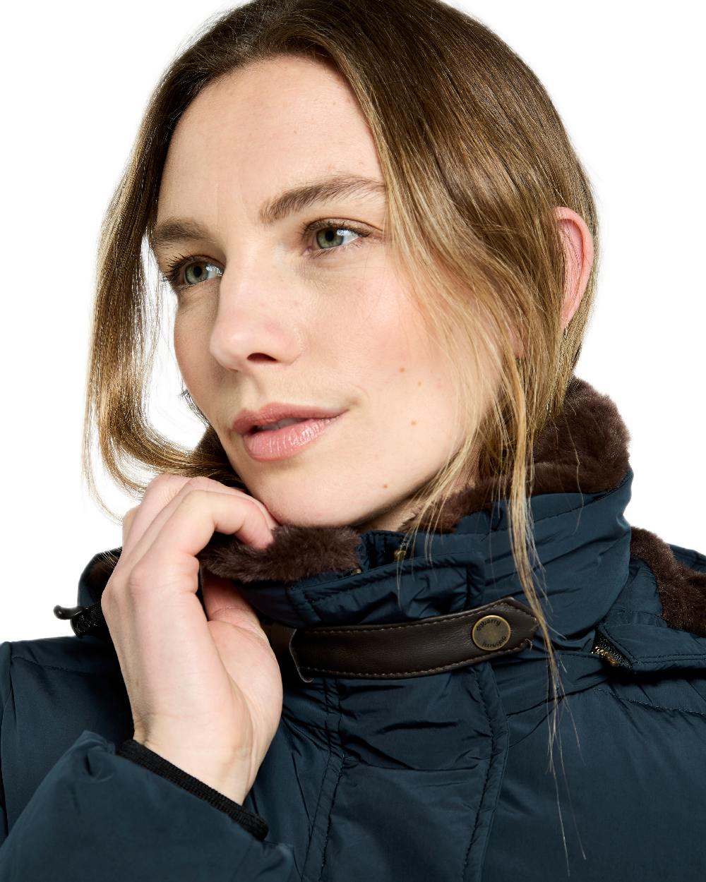 Navy Coloured Dubarry Womens Aldborough Full Length Down Jacket on white background 