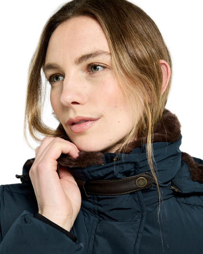 Navy Coloured Dubarry Womens Aldborough Full Length Down Jacket on white background 
