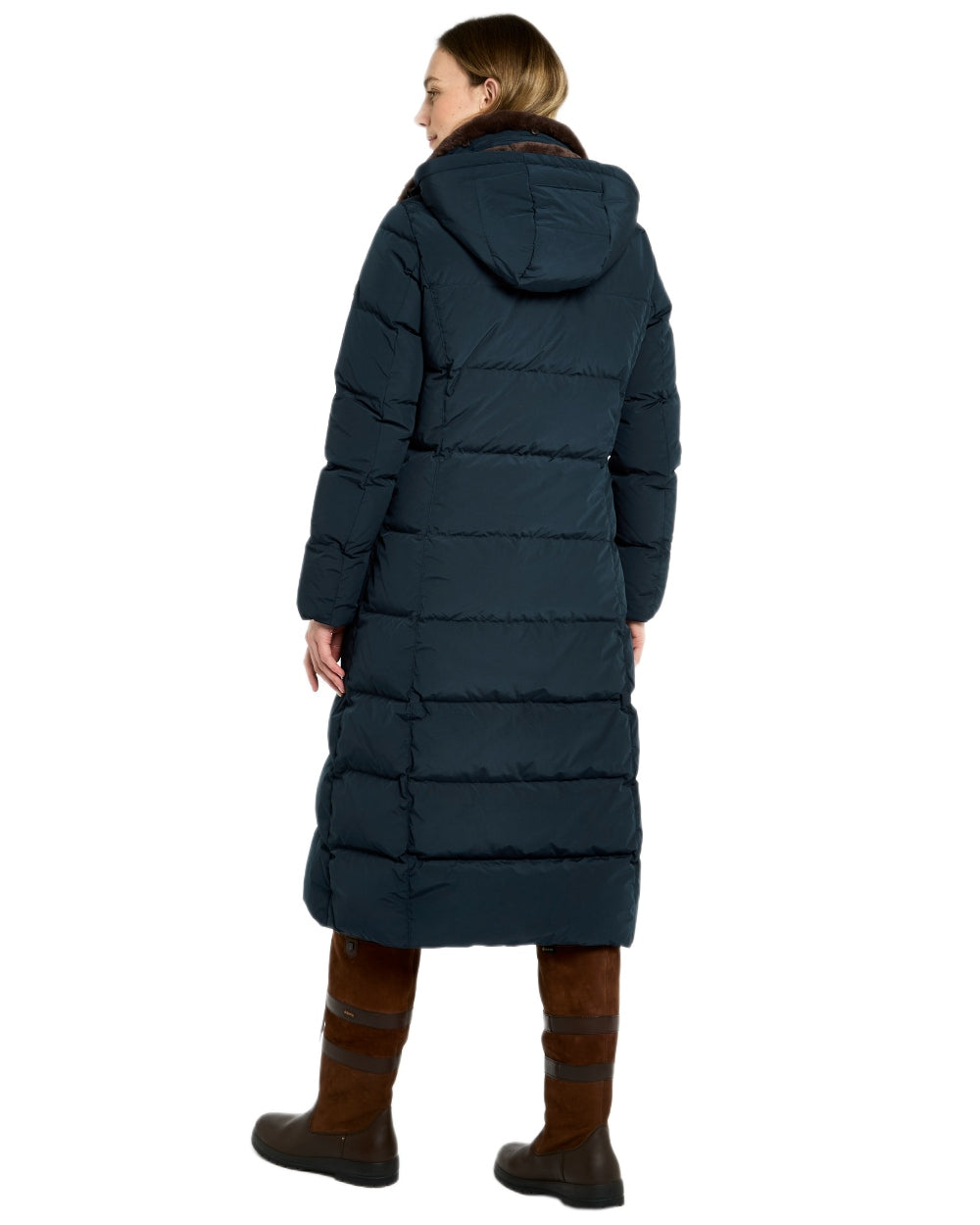 Navy Coloured Dubarry Womens Aldborough Full Length Down Jacket on white background 