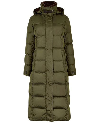 Olive Coloured Dubarry Womens Aldborough Full Length Down Jacket on white background 