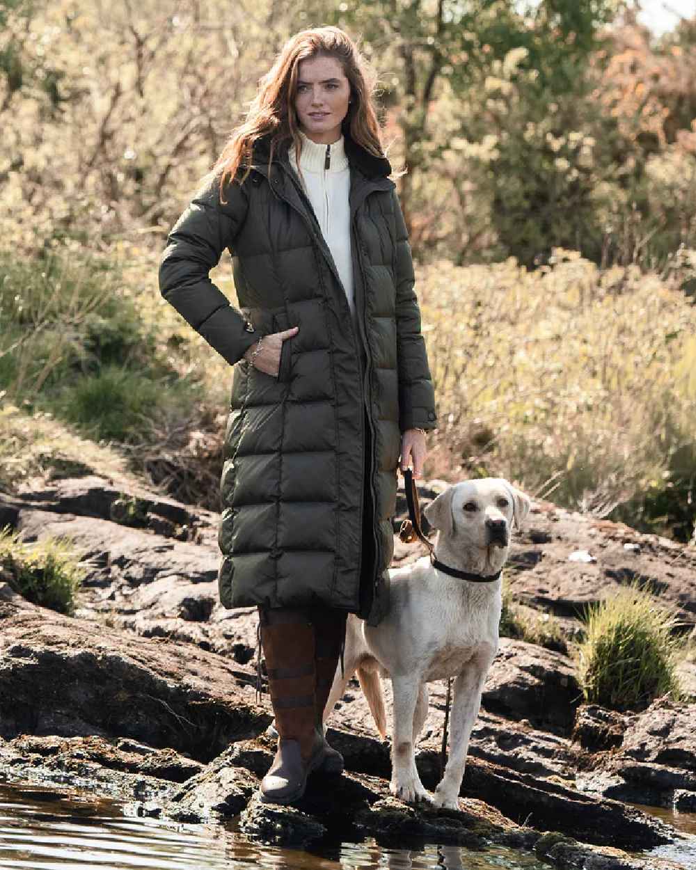 Olive Coloured Dubarry Womens Aldborough Full Length Down Jacket on outdoor background 