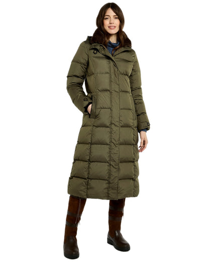 Olive Coloured Dubarry Womens Aldborough Full Length Down Jacket on white background 