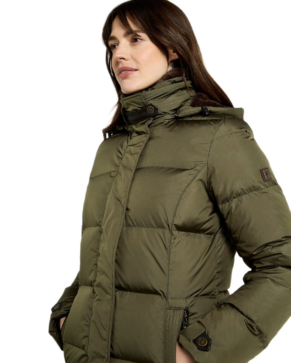 Olive Coloured Dubarry Womens Aldborough Full Length Down Jacket on white background 