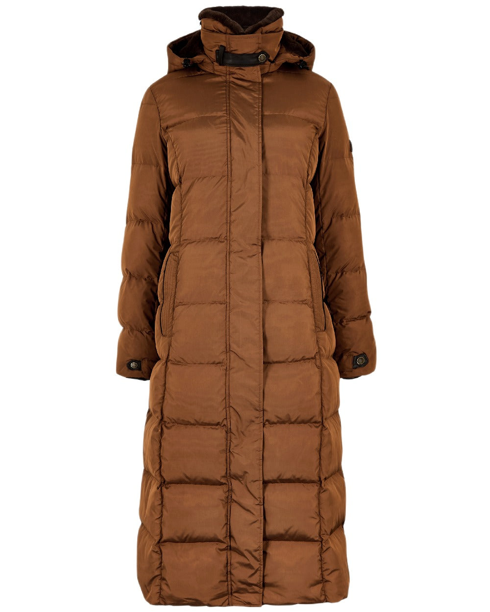 Russet Coloured Dubarry Womens Aldborough Full Length Down Jacket on white background 