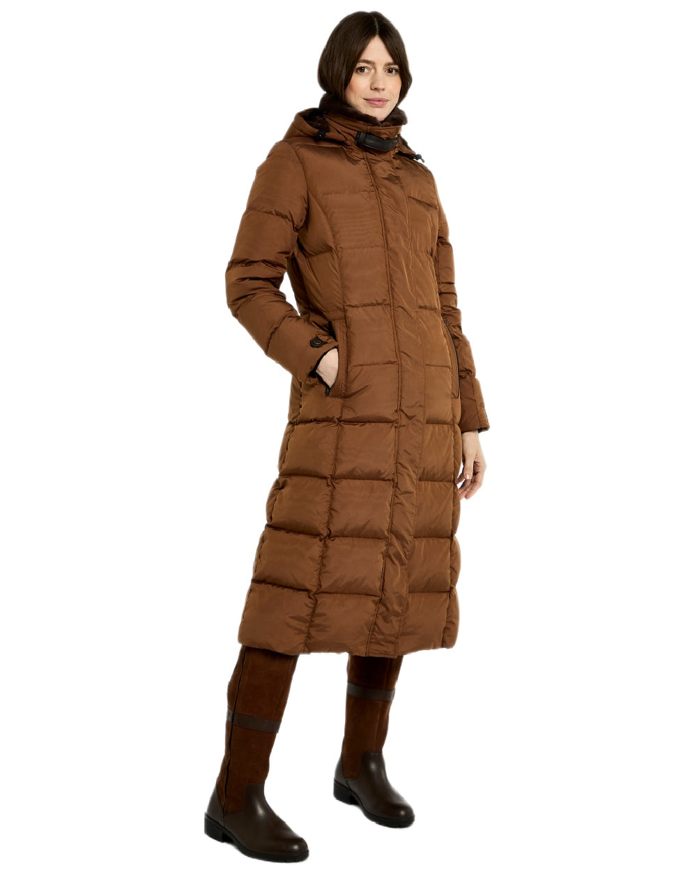 Russet Coloured Dubarry Womens Aldborough Full Length Down Jacket on white background 