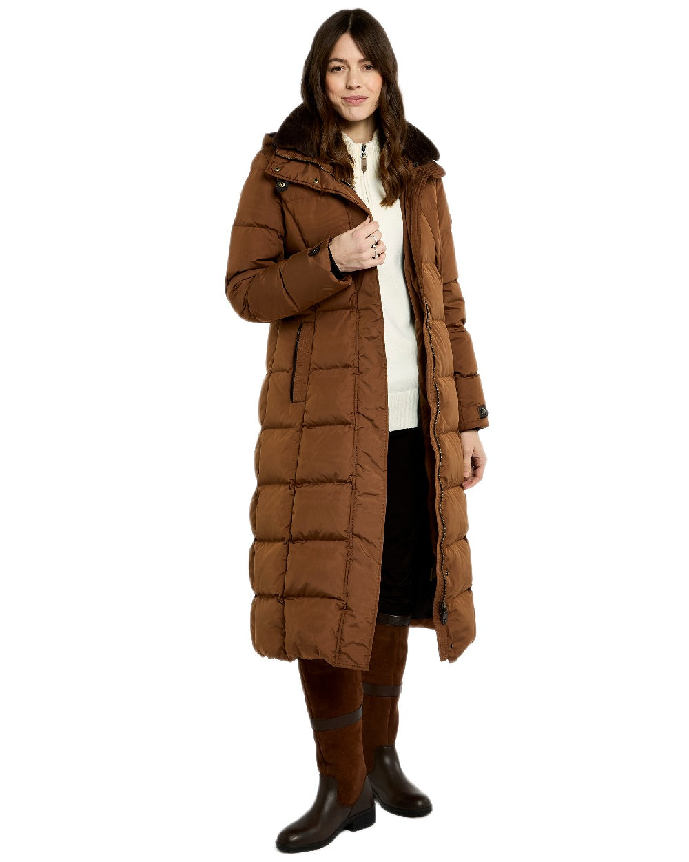 Russet Coloured Dubarry Womens Aldborough Full Length Down Jacket on white background 