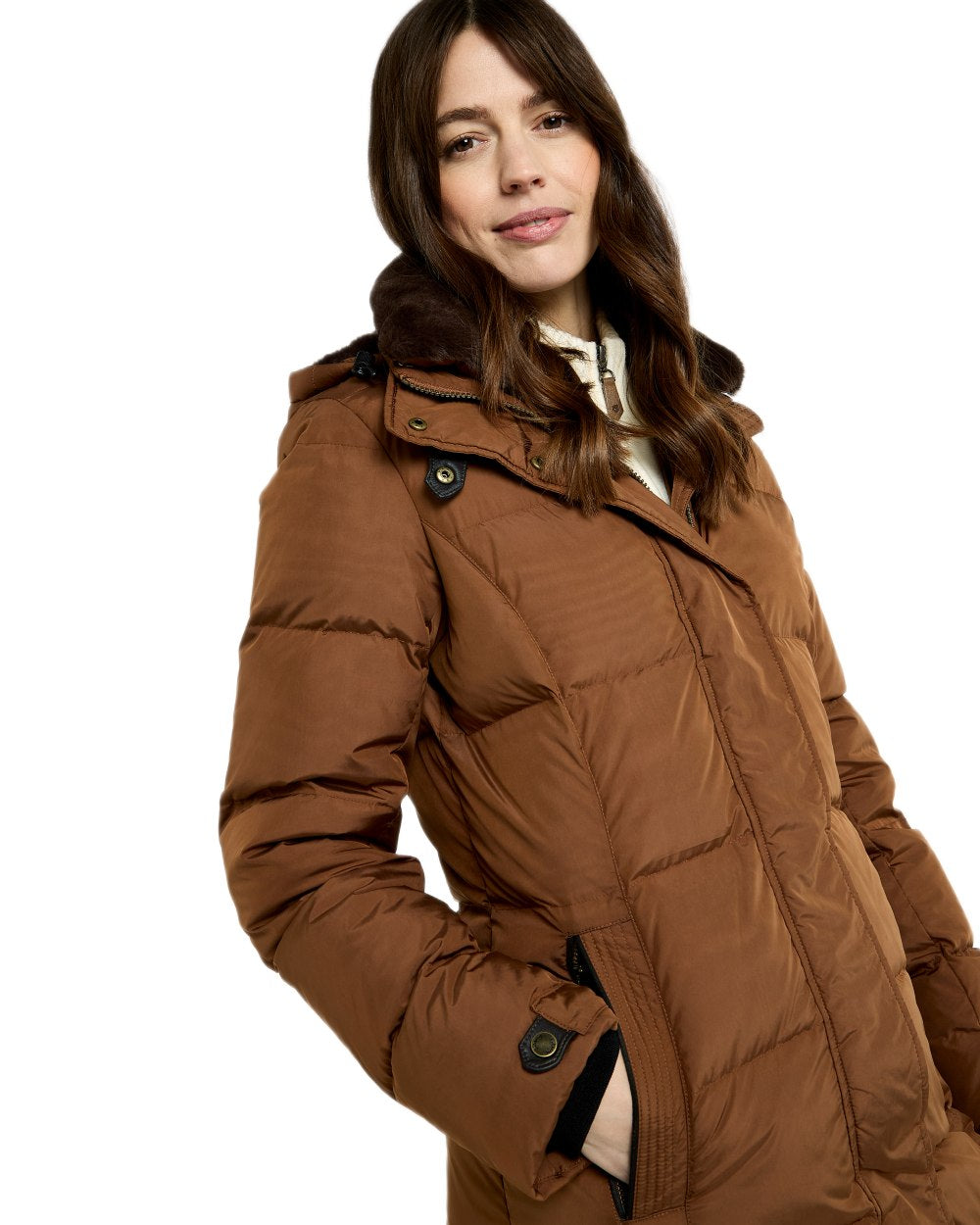 Russet Coloured Dubarry Womens Aldborough Full Length Down Jacket on white background 