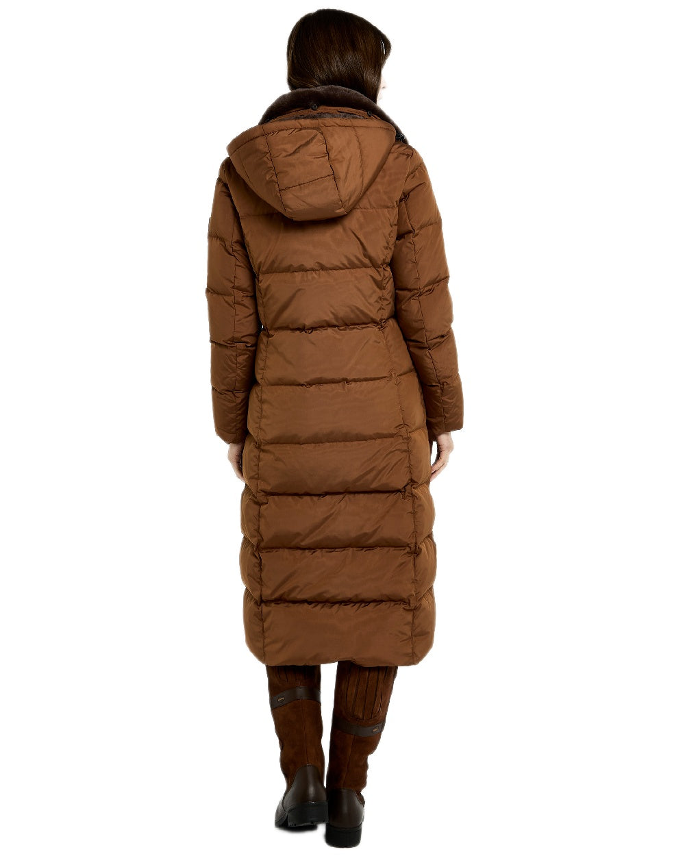 Russet Coloured Dubarry Womens Aldborough Full Length Down Jacket on white background 