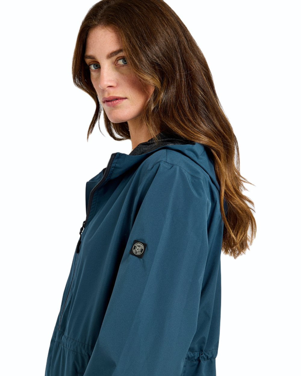 Atlantic coloured Dubarry Womens Brookside Hooded Rain Mac on white background 