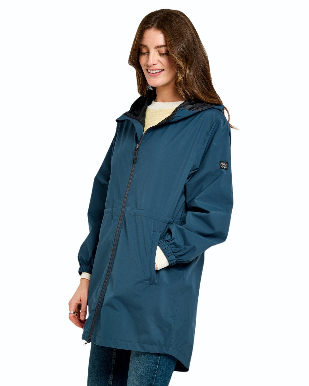 Atlantic coloured Dubarry Womens Brookside Hooded Rain Mac on white background 