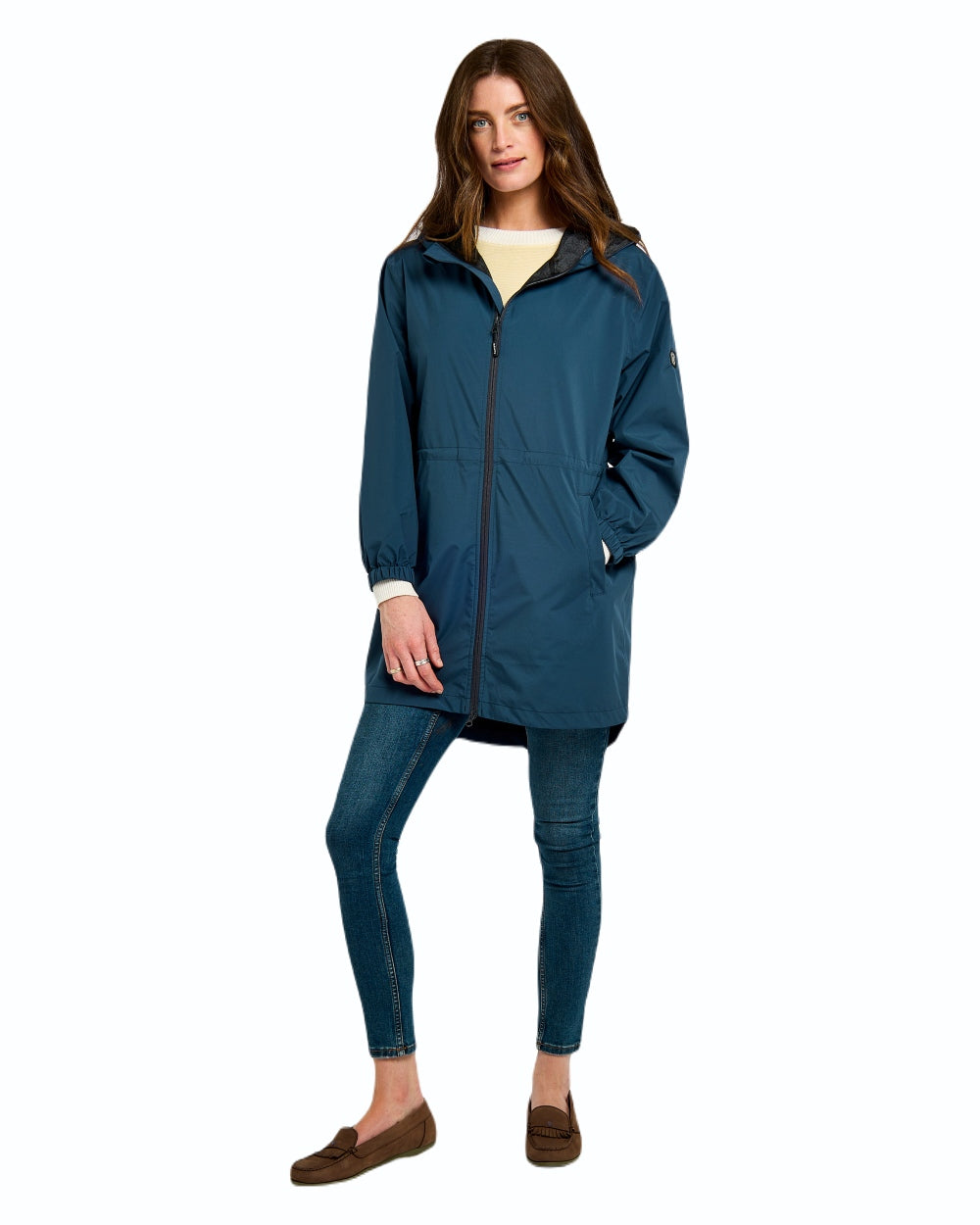 Atlantic coloured Dubarry Womens Brookside Hooded Rain Mac on white background 
