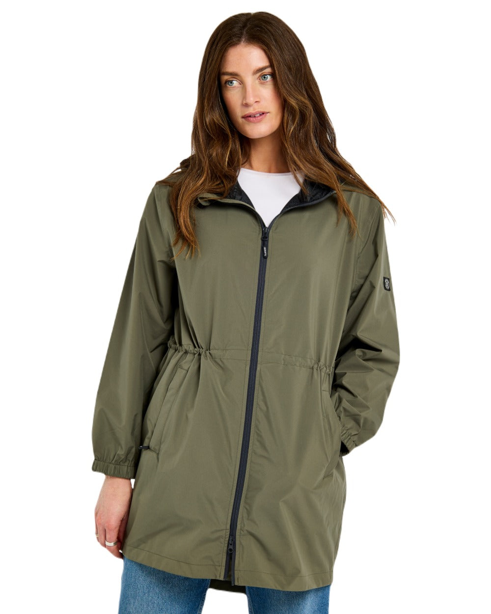 Kelp coloured Dubarry Womens Brookside Hooded Rain Mac on white background 