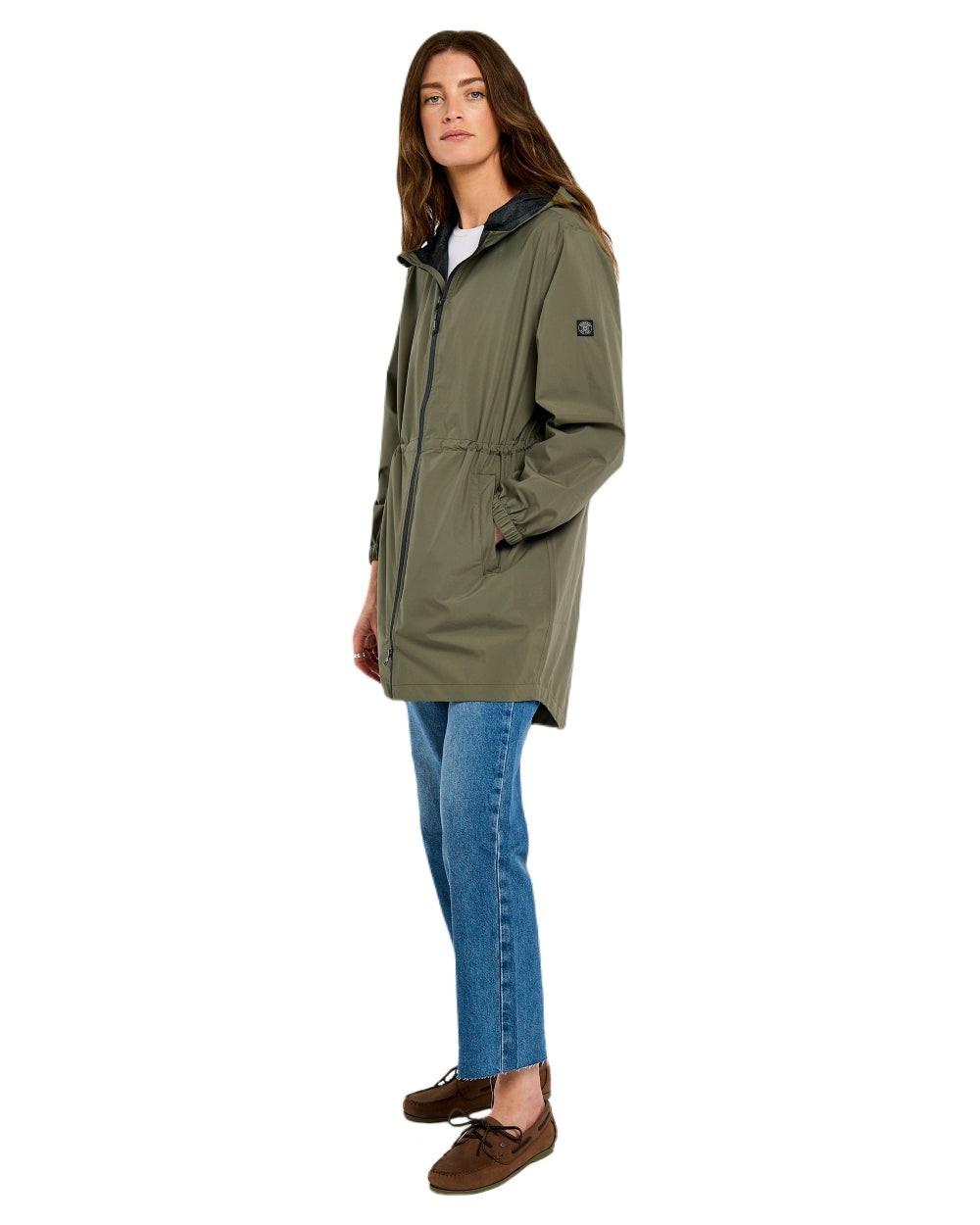 Kelp coloured Dubarry Womens Brookside Hooded Rain Mac on white background 