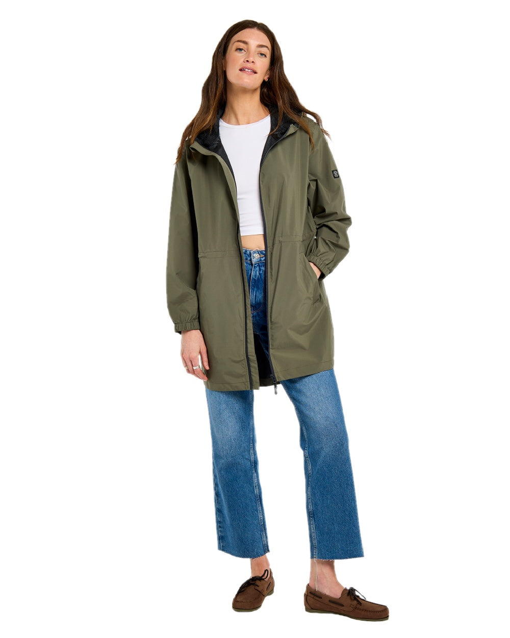 Kelp coloured Dubarry Womens Brookside Hooded Rain Mac on white background 