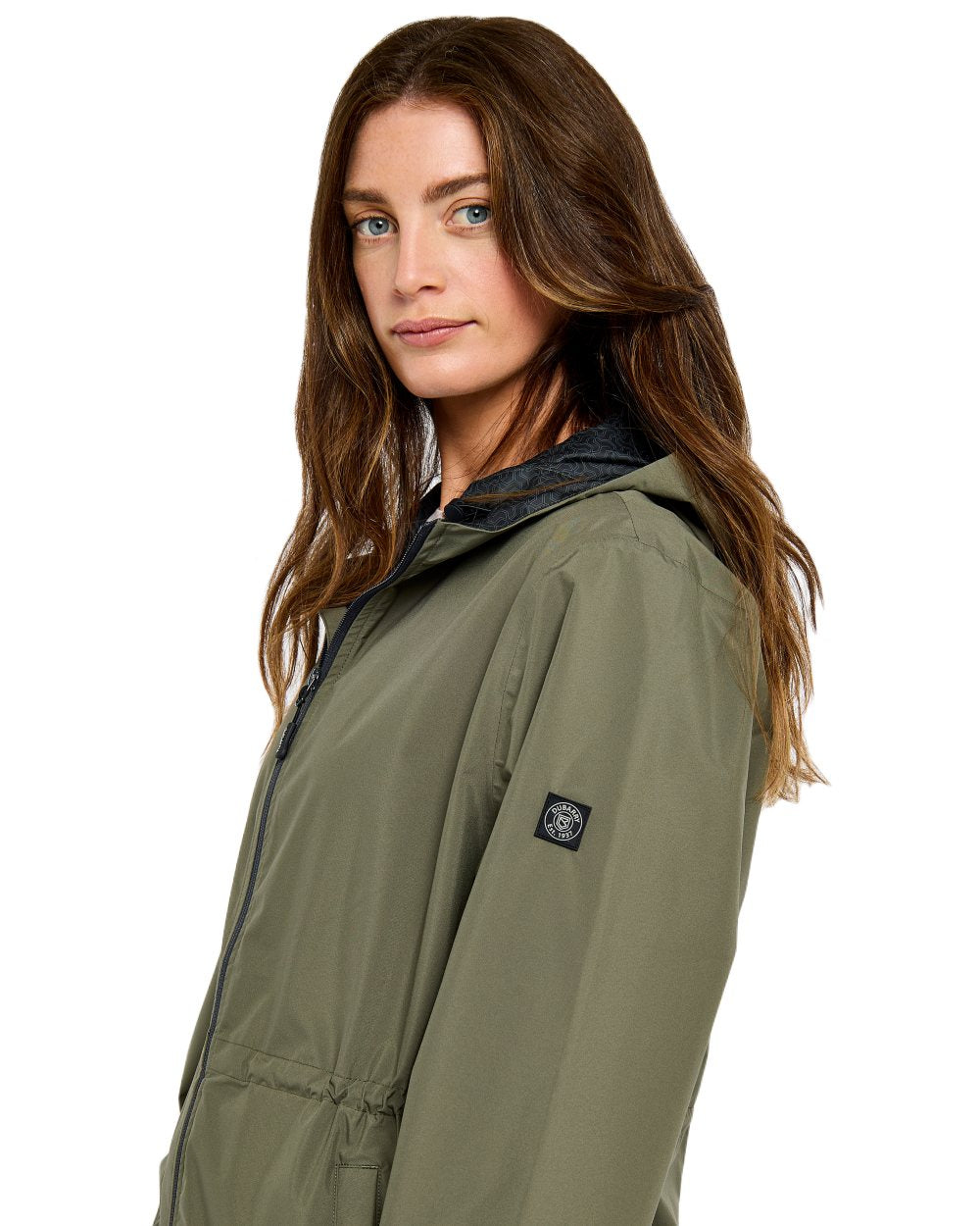 Kelp coloured Dubarry Womens Brookside Hooded Rain Mac on white background 