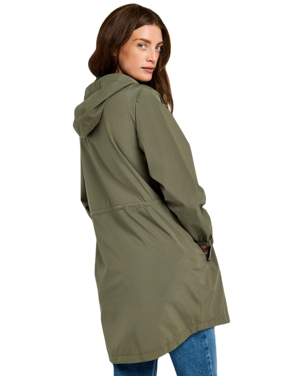 Kelp coloured Dubarry Womens Brookside Hooded Rain Mac on white background 