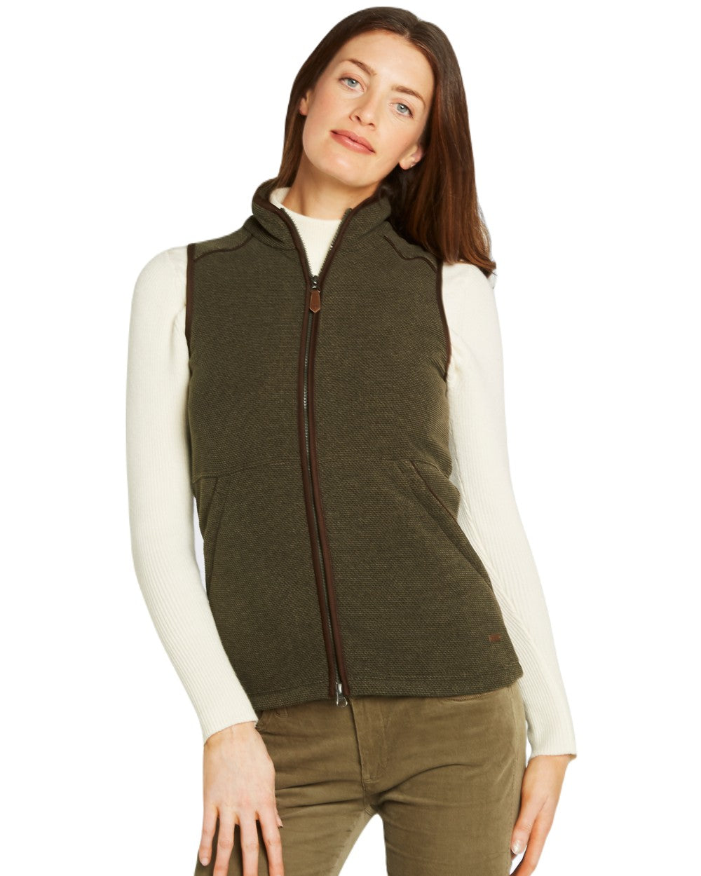 Olive Coloured Dubarry Womens Carbury Fleece Gilet on white background 