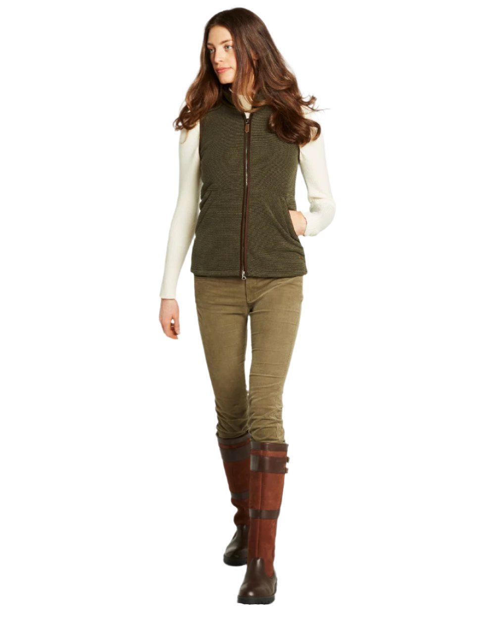 Olive Coloured Dubarry Womens Carbury Fleece Gilet on white background 