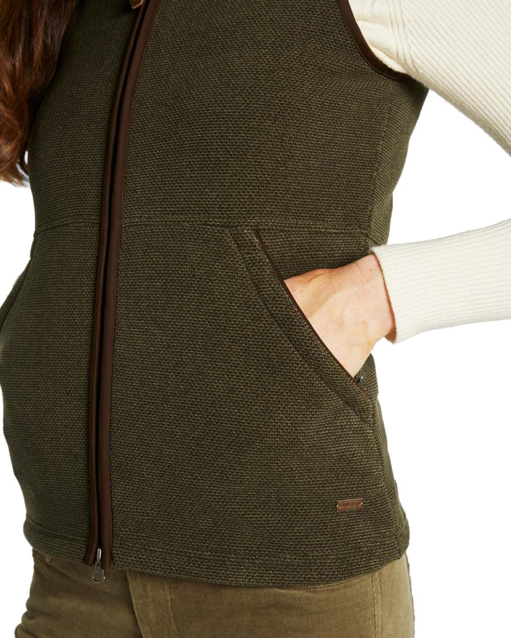 Olive Coloured Dubarry Womens Carbury Fleece Gilet on white background 