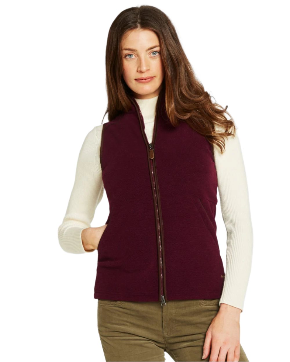 Ox Blood Coloured Dubarry Womens Carbury Fleece Gilet on white background 