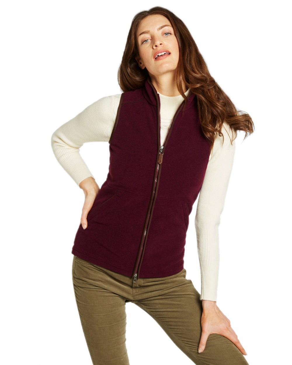 Ox Blood Coloured Dubarry Womens Carbury Fleece Gilet on white background 