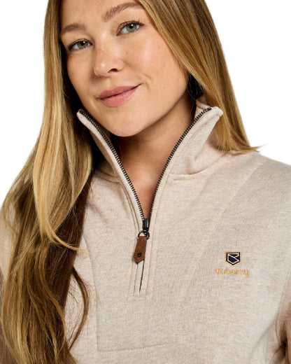 Bone coloured Dubarry Womens Castlemartyr Quarter Zip Sweatshirt on white background 