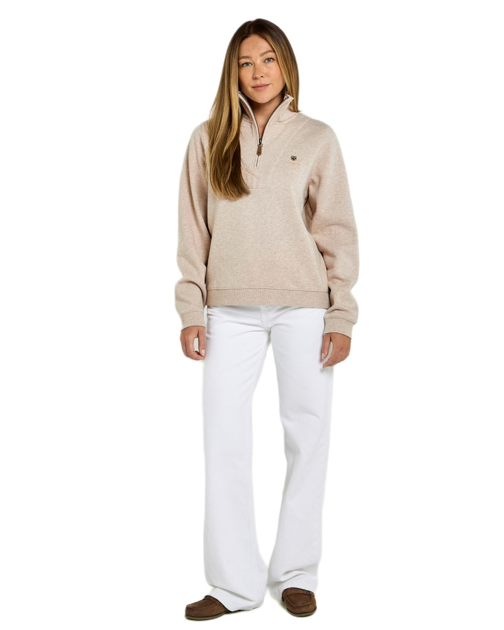 Bone coloured Dubarry Womens Castlemartyr Quarter Zip Sweatshirt on white background 