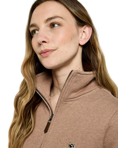 Elk Coloured Dubarry Womens Castlemartyr Quarter Zip Sweatshirt on white background 