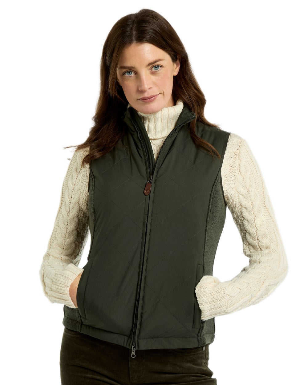 Olive coloured Dubarry Womens Deerpark Gilet on white background 