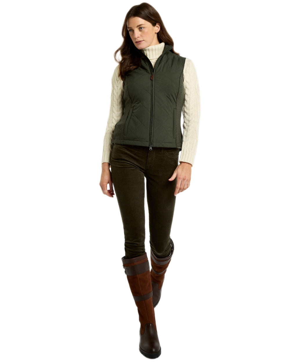 Olive coloured Dubarry Womens Deerpark Gilet on white background 