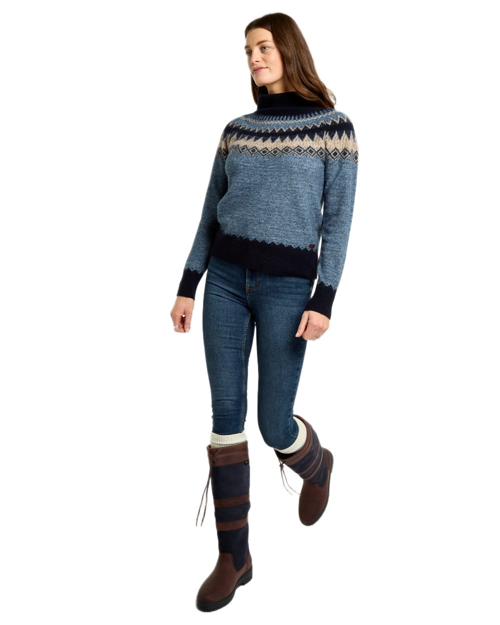 Navy Multi Coloured Dubarry Womens Devlin Fair Isle Pattern Sweater on white background 