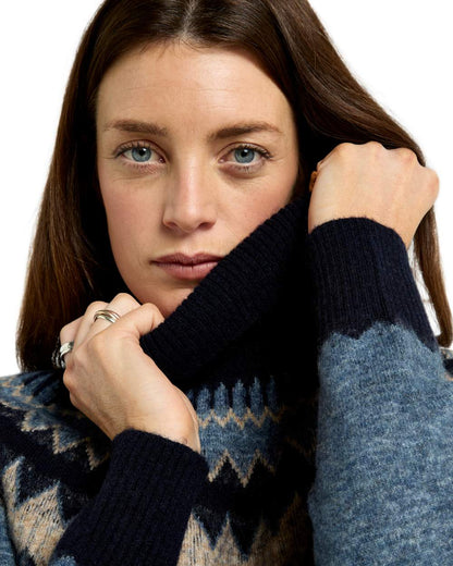 Navy Multi Coloured Dubarry Womens Devlin Fair Isle Pattern Sweater on white background 