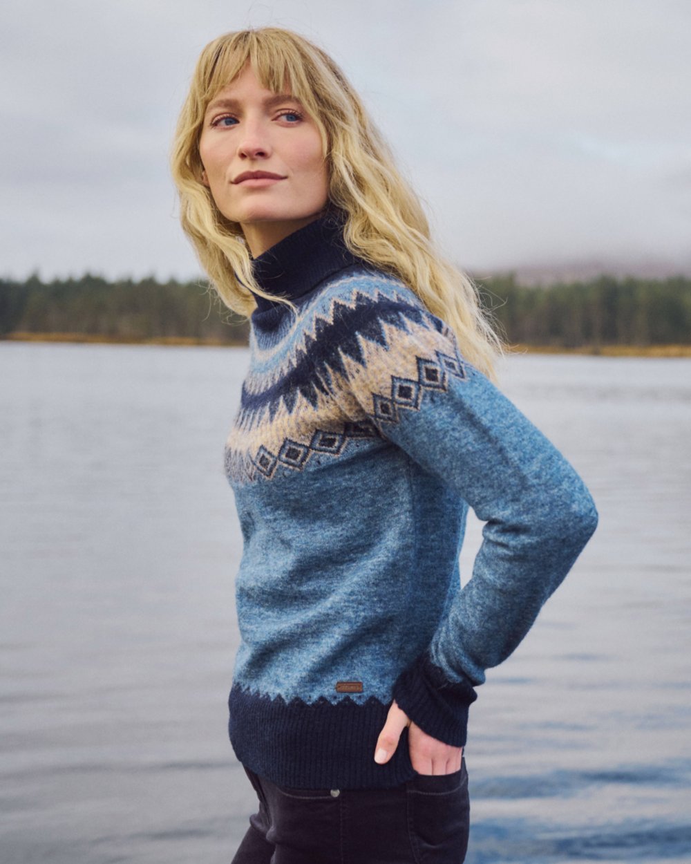 Navy Multi Coloured Dubarry Womens Devlin Fair Isle Pattern Sweater on water background 