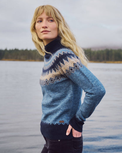 Navy Multi Coloured Dubarry Womens Devlin Fair Isle Pattern Sweater on water background 