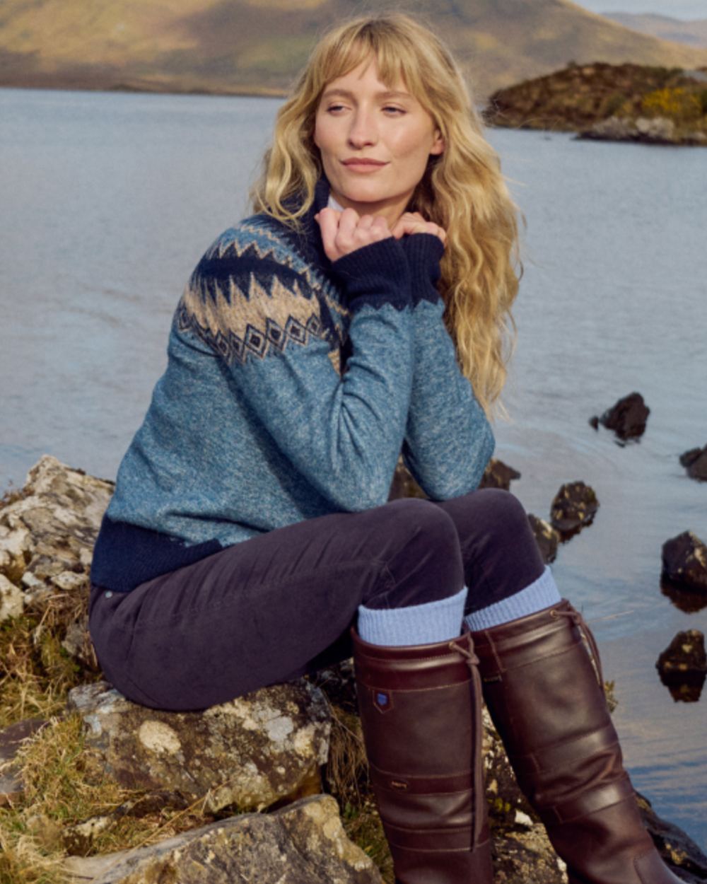 Navy Multi Coloured Dubarry Womens Devlin Fair Isle Pattern Sweater on water background 
