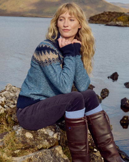 Navy Multi Coloured Dubarry Womens Devlin Fair Isle Pattern Sweater on water background 